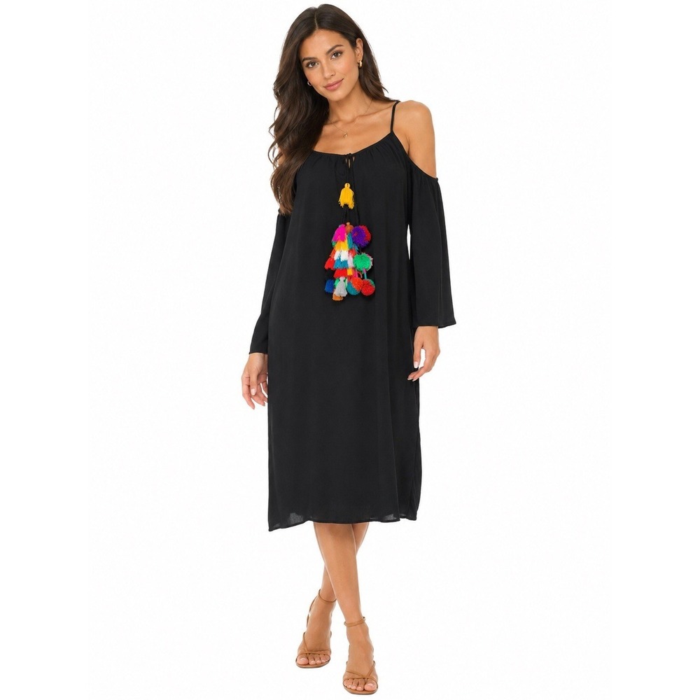 Vasna Women's XL Black Cold Shoulder Tassel Midi Dress Bell Sleeve Boho